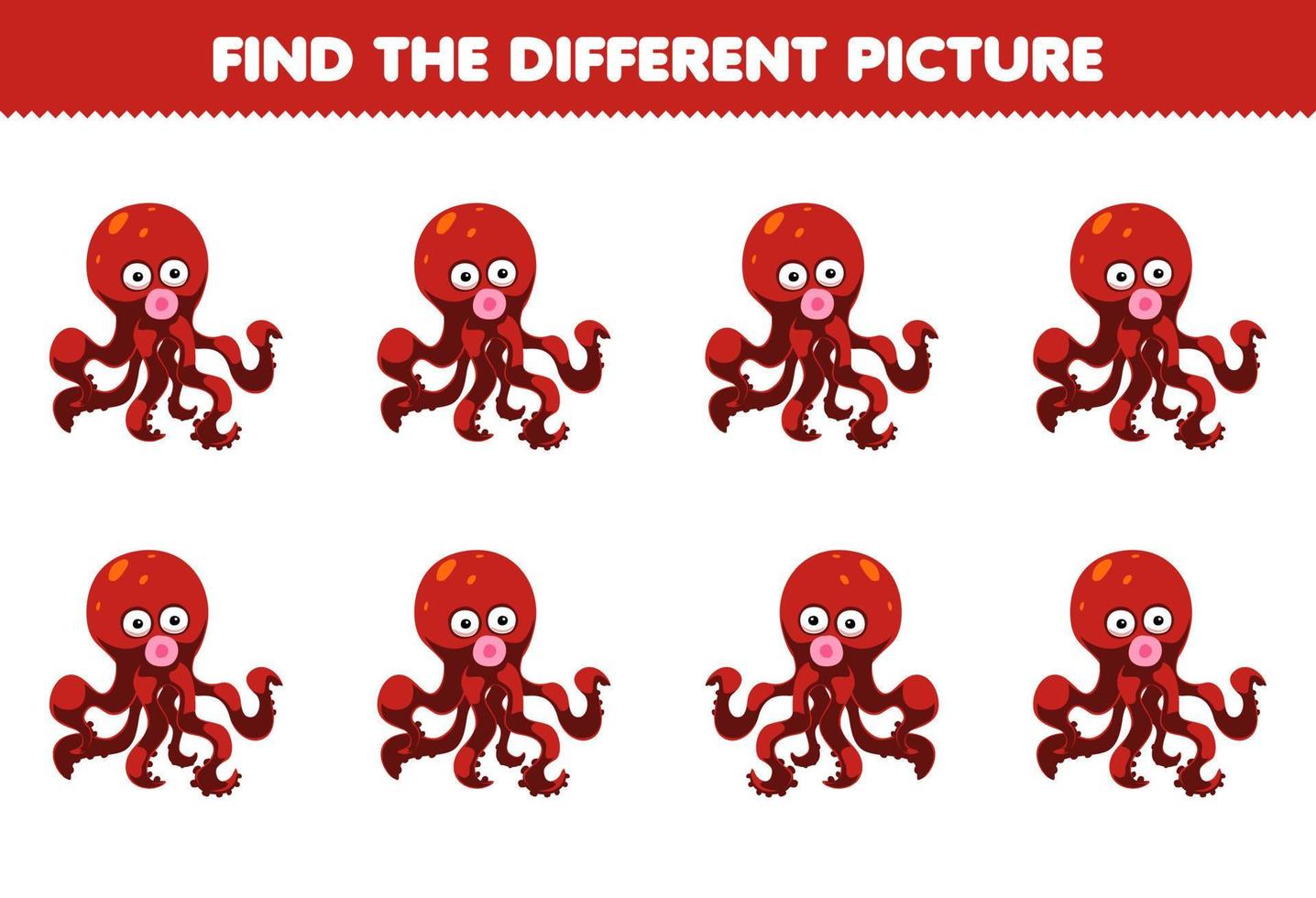 jeu éducatif pour les enfants trouver l'image différente de la feuille de travail sous-marine imprimable de poulpe de dessin animé mignon vecteur