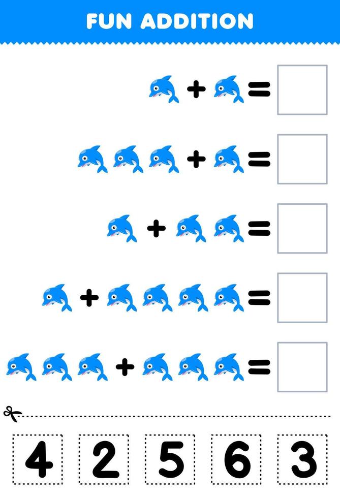 jeu éducatif pour les enfants addition amusante par coupe et correspondance numéro correct pour la feuille de travail sous-marine imprimable de dauphin de dessin animé mignon vecteur