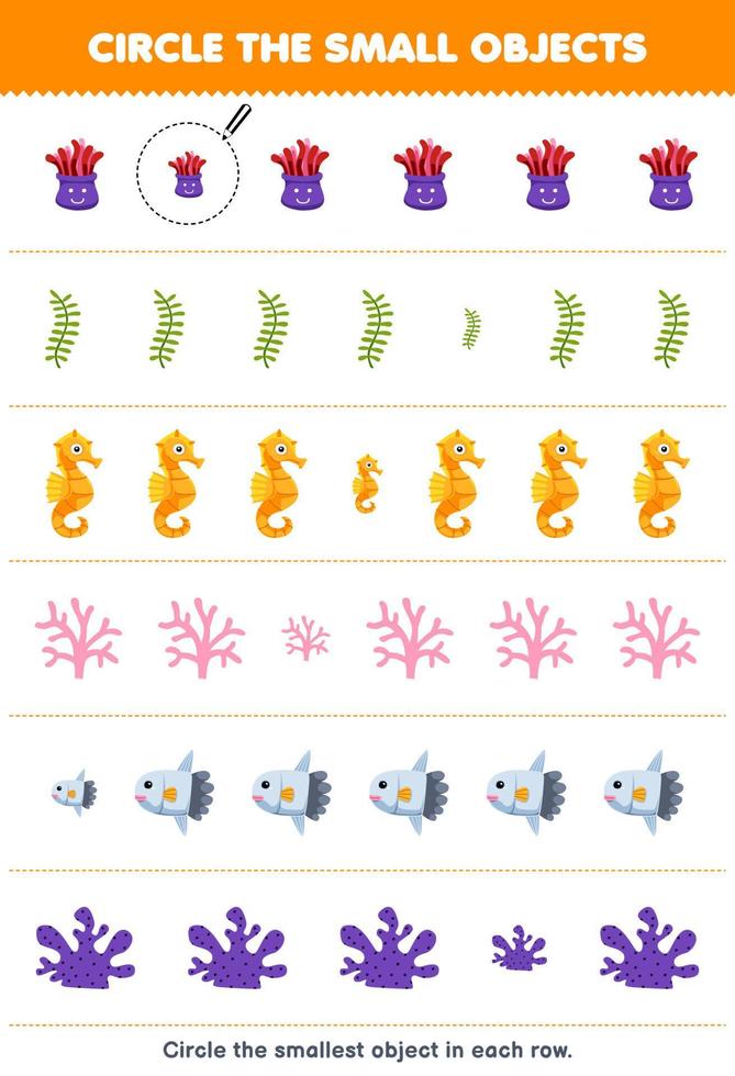 jeu éducatif pour les enfants encerclez le plus petit objet dans chaque rangée de dessin animé mignon anémone algue hippocampe corail crapet feuille de travail sous-marine imprimable vecteur