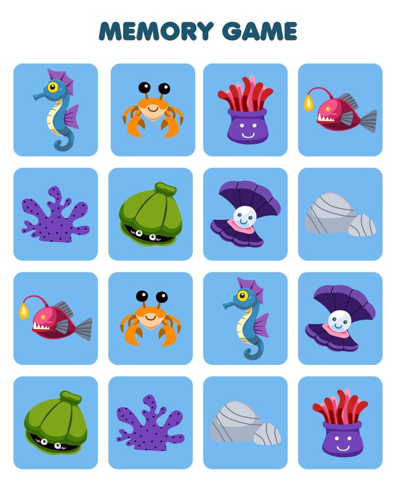 jeu éducatif pour les enfants mémoire pour trouver des images similaires de dessin animé mignon hippocampe crabe anémone poisson corail coquille roche feuille de travail sous-marine imprimable vecteur