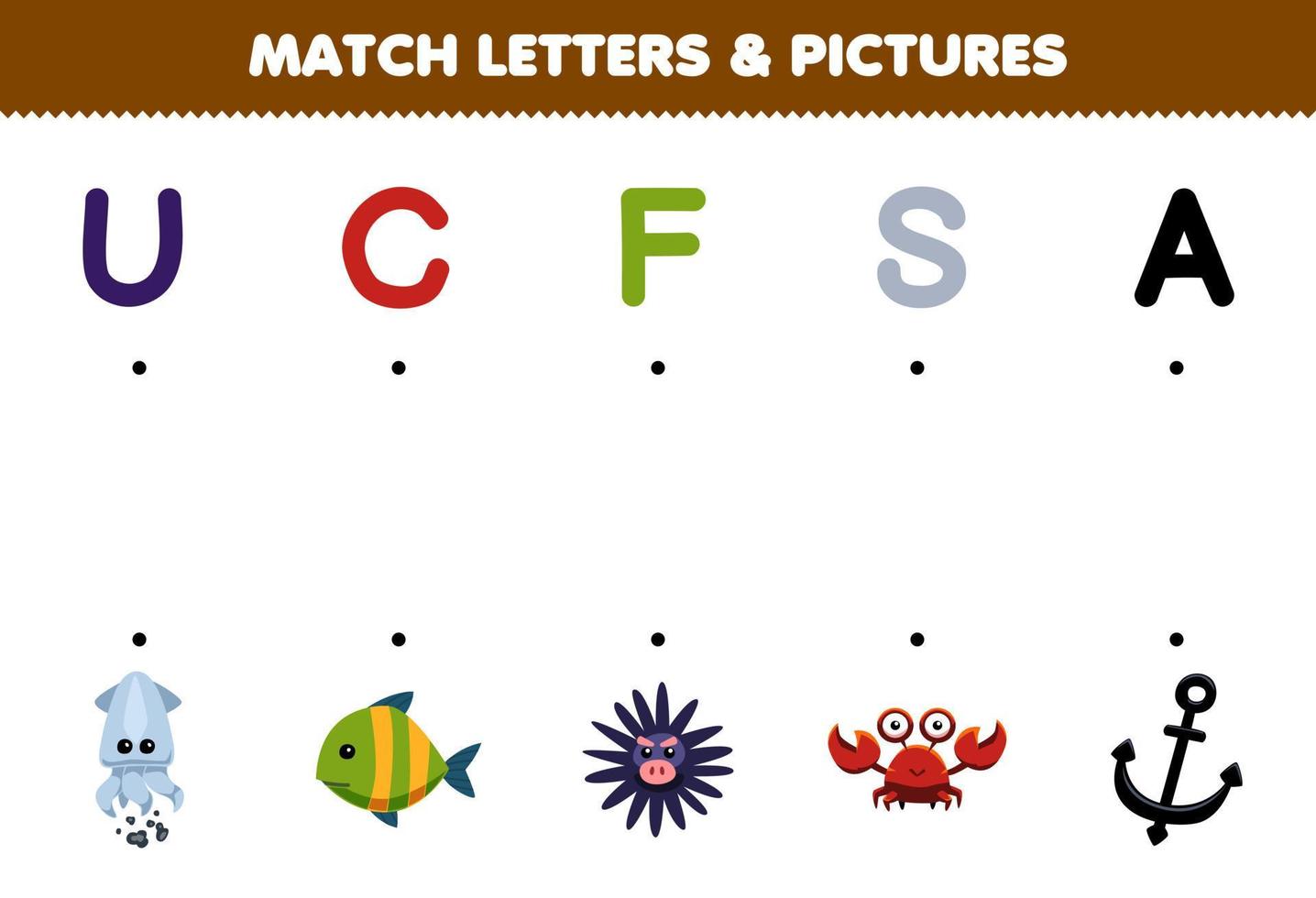 jeu éducatif pour les enfants match lettres et images de dessin animé mignon calmar poisson oursin crabe ancre imprimable feuille de travail sous-marine vecteur