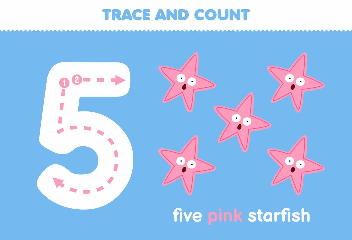 jeu éducatif pour les enfants amusant compter cinq feuille de travail sous-marine imprimable étoile de mer rose vecteur