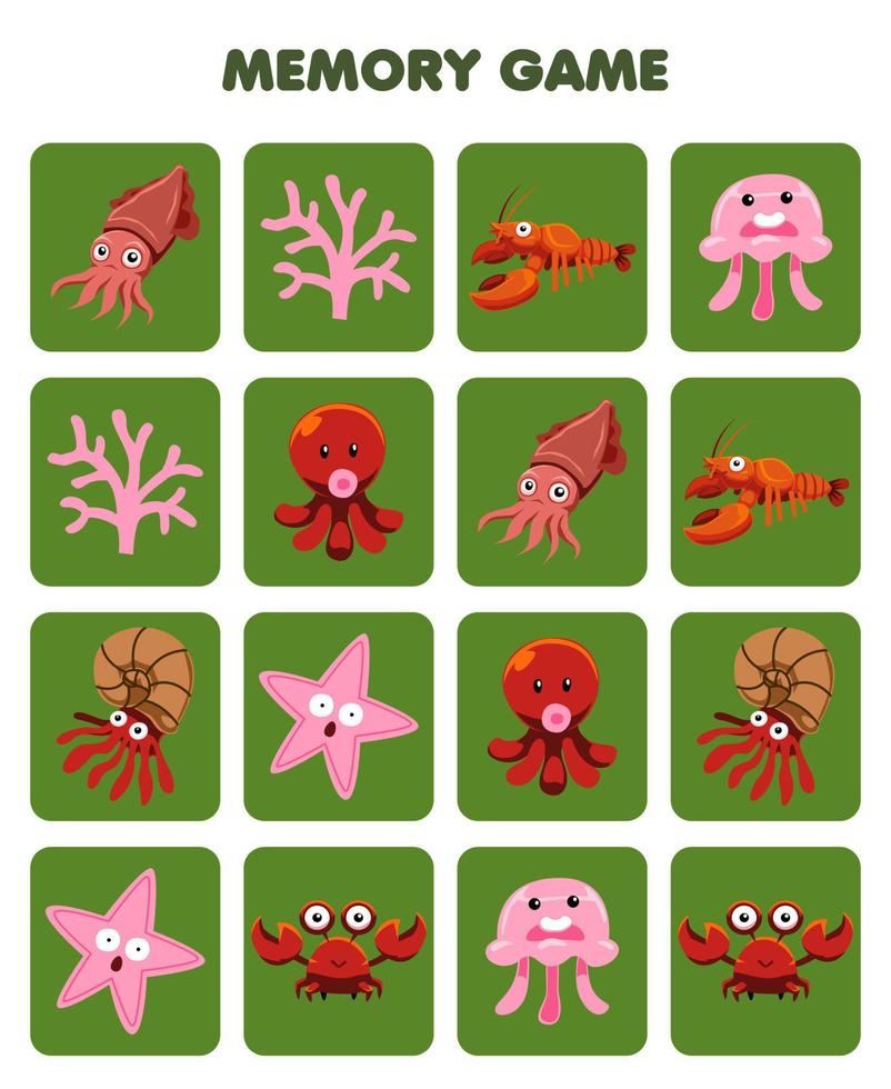 jeu éducatif pour les enfants mémoire pour trouver des images similaires de dessin animé mignon seiche corail étoile de mer poulpe crabe homard feuille de travail sous-marine imprimable vecteur