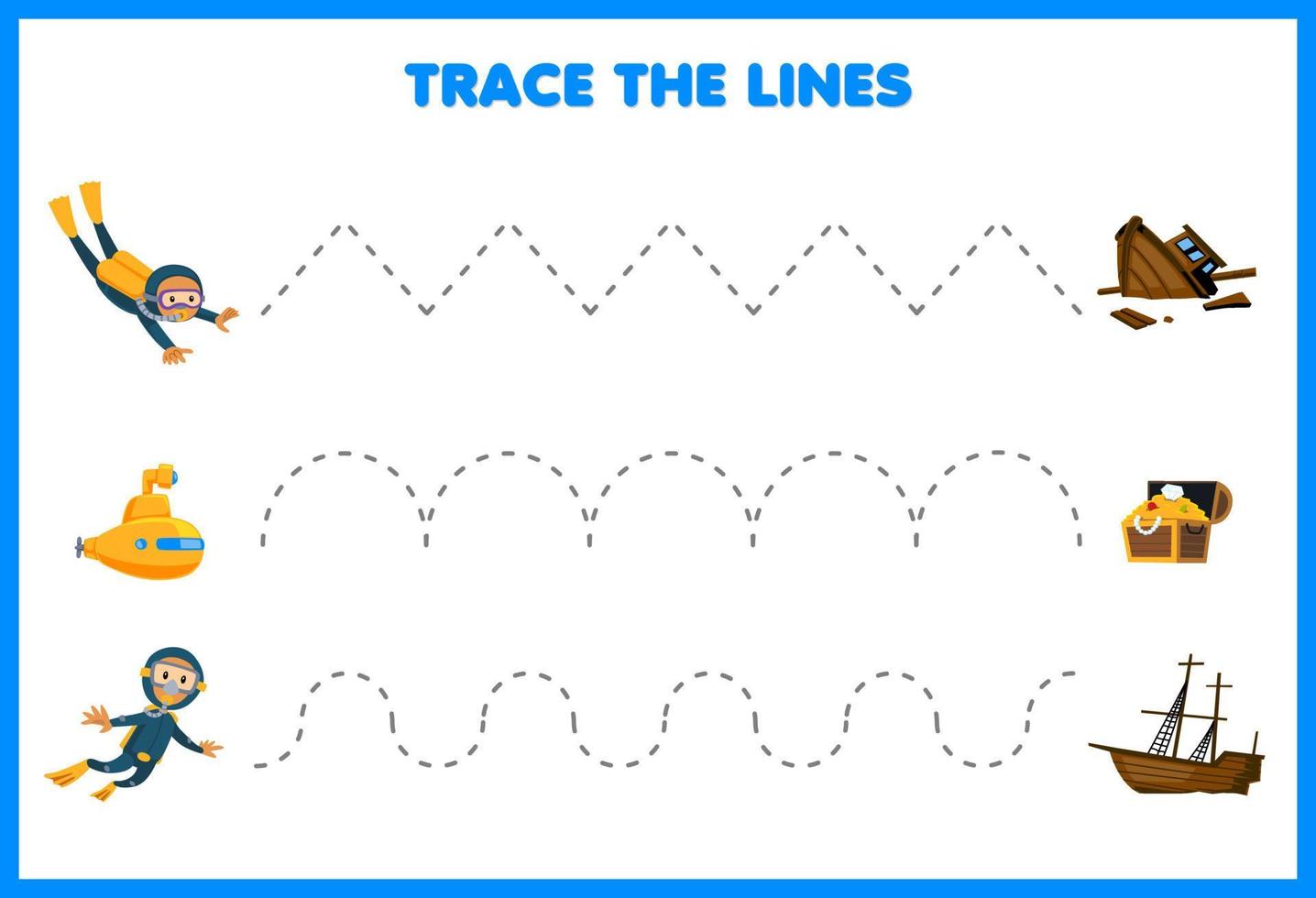 jeu éducatif pour les enfants pratique de l'écriture manuscrite tracer les lignes avec un joli dessin animé plongeur et sous-marin se déplacer vers le coffre au trésor et le navire naufragé feuille de travail sous-marine vecteur