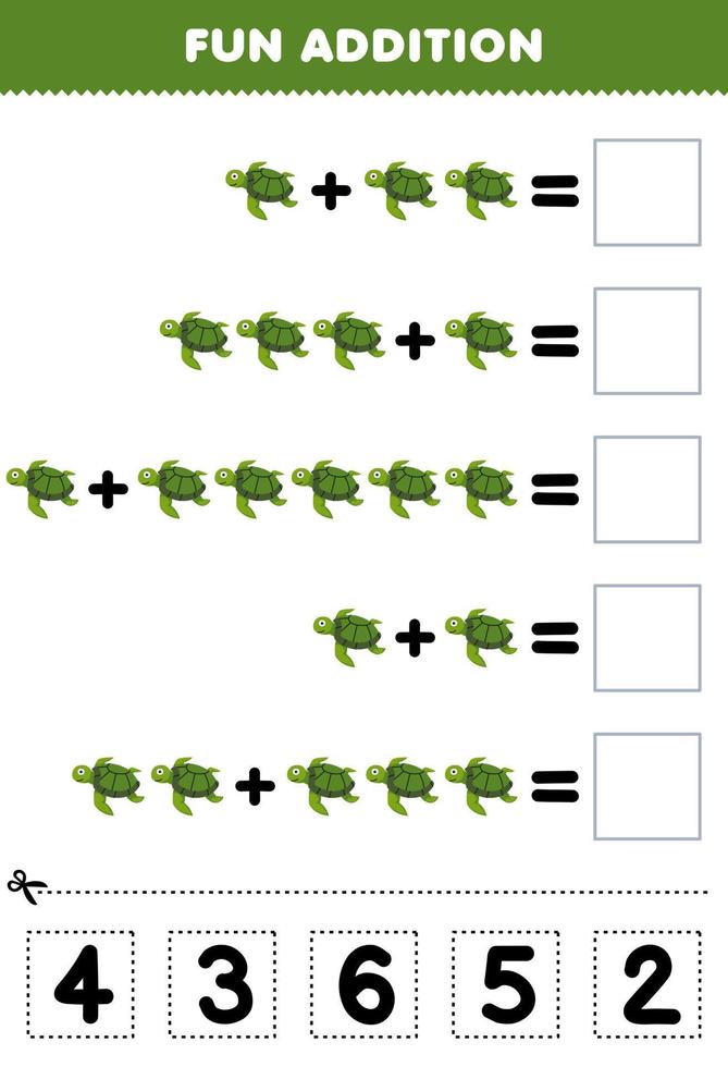 jeu éducatif pour les enfants addition amusante par coupe et correspondance numéro correct pour la feuille de travail sous-marine imprimable de tortue de dessin animé mignon vecteur