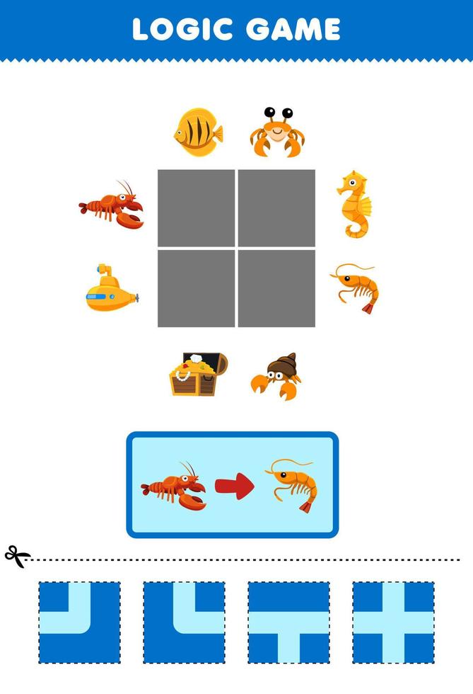 jeu éducatif pour les enfants puzzle logique construire la route pour le homard passer aux crevettes feuille de travail sous-marine imprimable vecteur