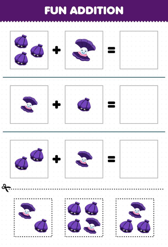 jeu éducatif pour les enfants ajout amusant par coupe et correspondance d'images de coquille de dessin animé mignon pour la feuille de travail sous-marine imprimable vecteur