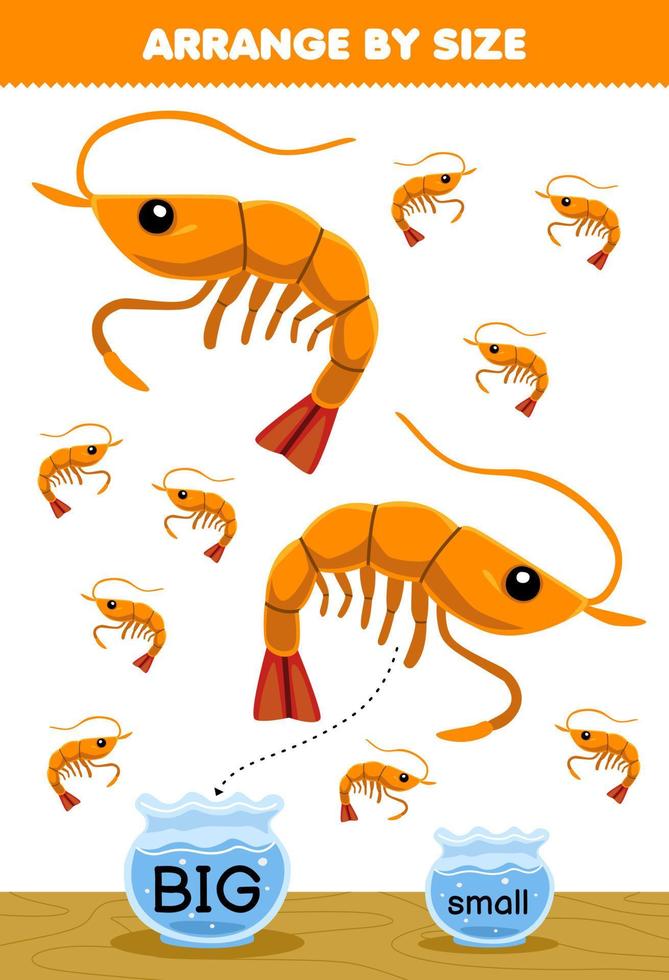 jeu éducatif pour les enfants organiser par taille grande ou petite mettez-le dans le bocal à poissons de la feuille de travail sous-marine imprimable de crevettes de dessin animé mignon vecteur