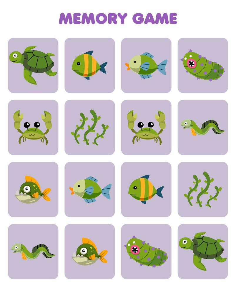 jeu éducatif pour les enfants mémoire pour trouver des images similaires de dessin animé mignon tortue poisson concombre de mer crabe algue anguille piranha feuille de travail sous-marine imprimable vecteur