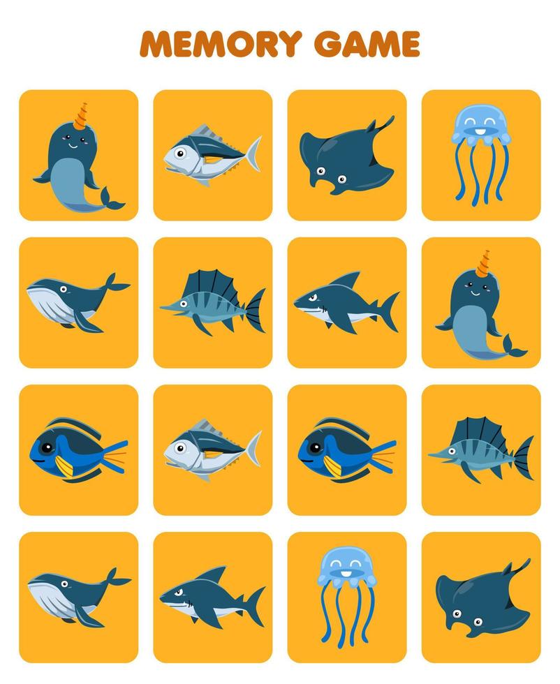 jeu éducatif pour les enfants mémoire pour trouver des images similaires de dessin animé mignon narval poisson méduse manta requin baleine feuille de travail sous-marine imprimable vecteur