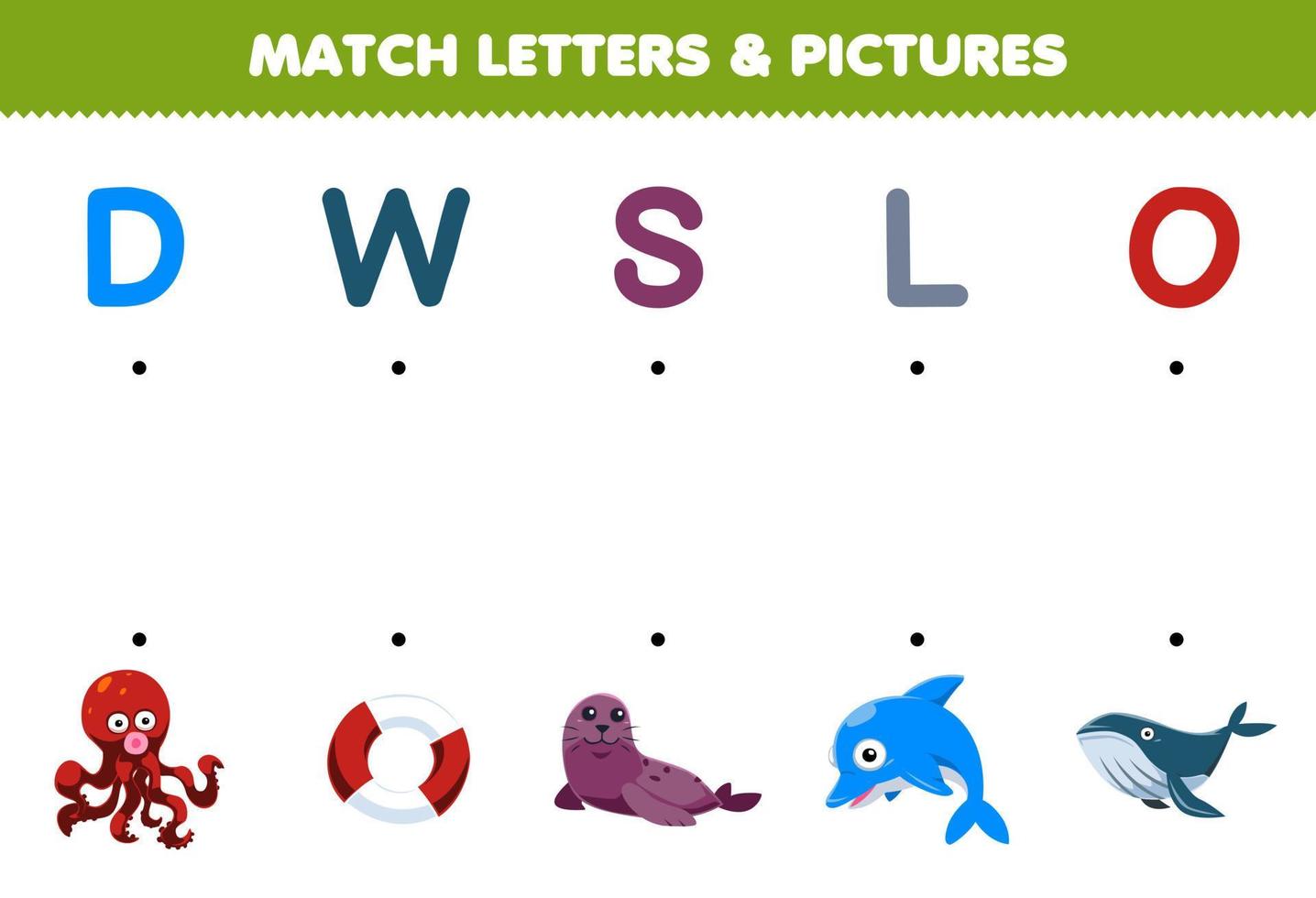 jeu éducatif pour les enfants match lettres et images de dessin animé mignon pieuvre bouée de sauvetage phoque dauphin baleine feuille de travail sous-marine imprimable vecteur