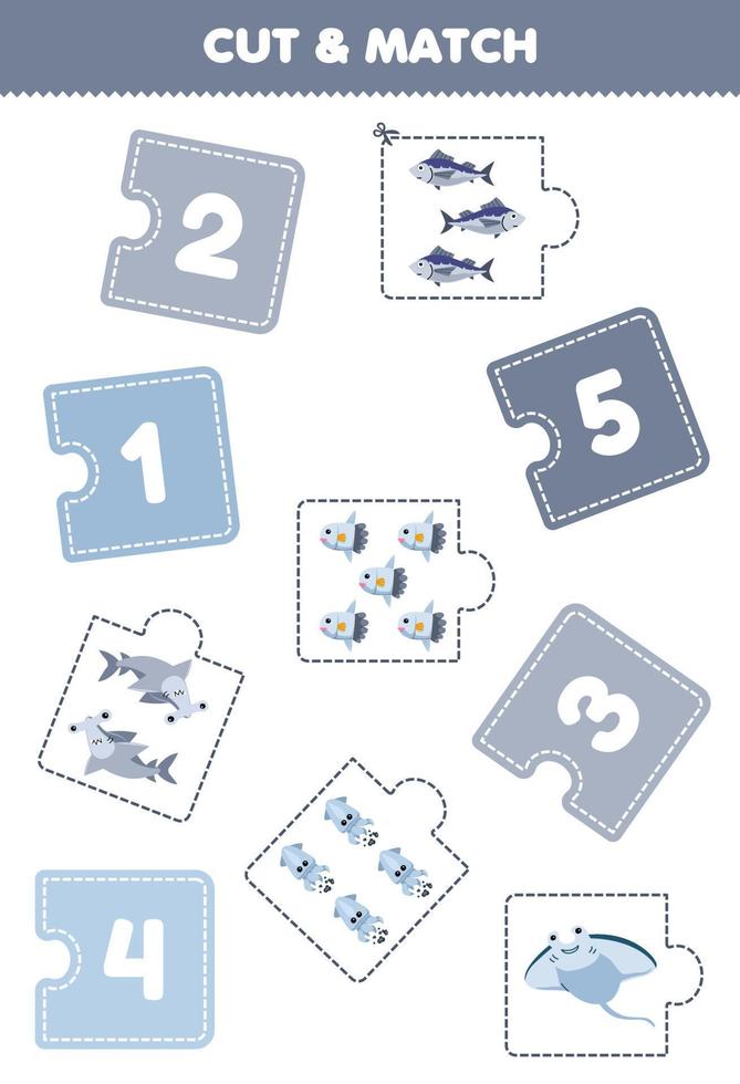 jeu d'éducation pour les enfants coupe pièce de puzzle et match par nombre de dessin animé mignon manta marteau requin poisson calamar arlequin feuille de travail sous-marine imprimable vecteur