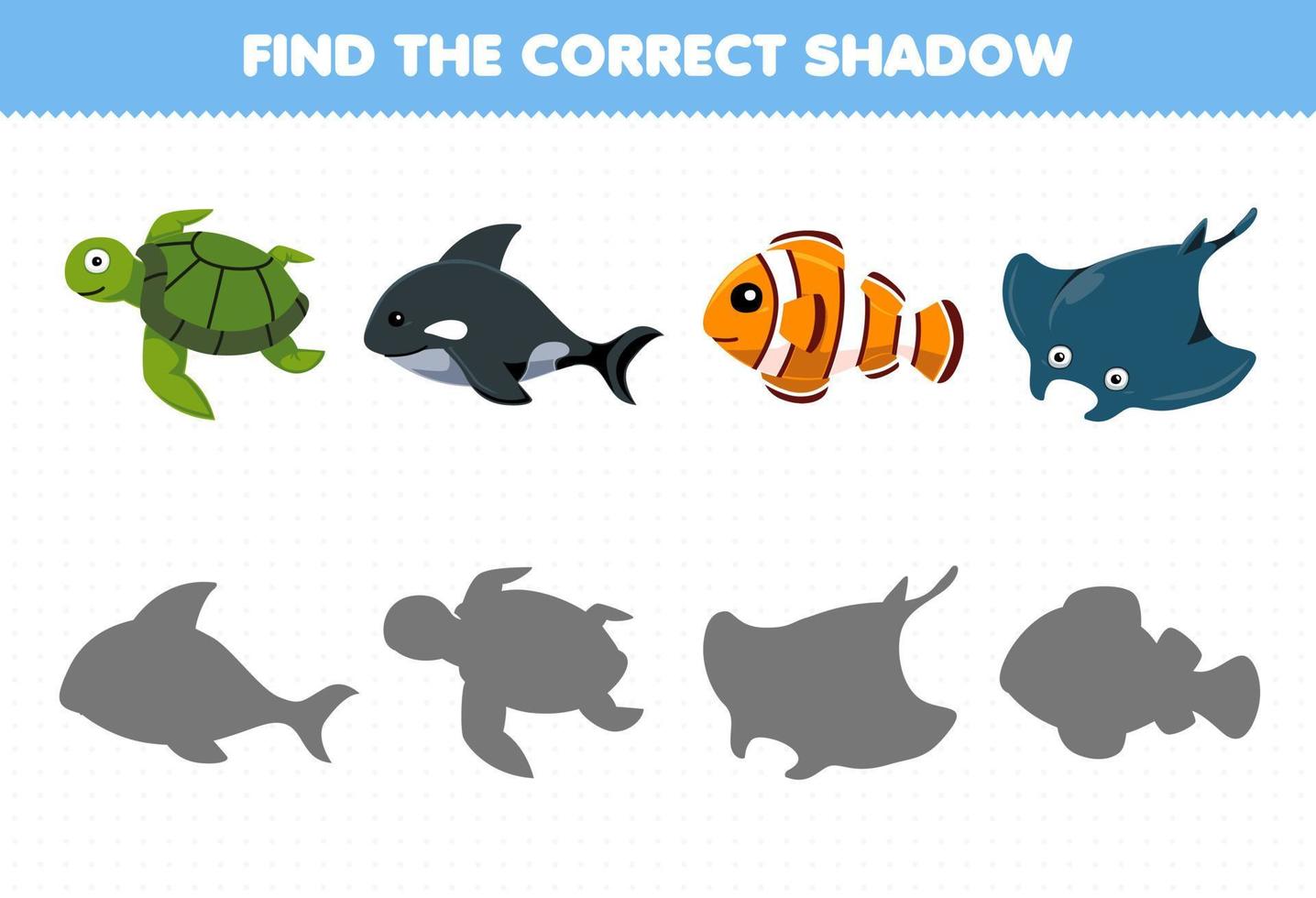 jeu éducatif pour les enfants trouver l'ombre correcte ensemble de dessin animé mignon tortue orque poisson manta feuille de travail sous-marine imprimable vecteur