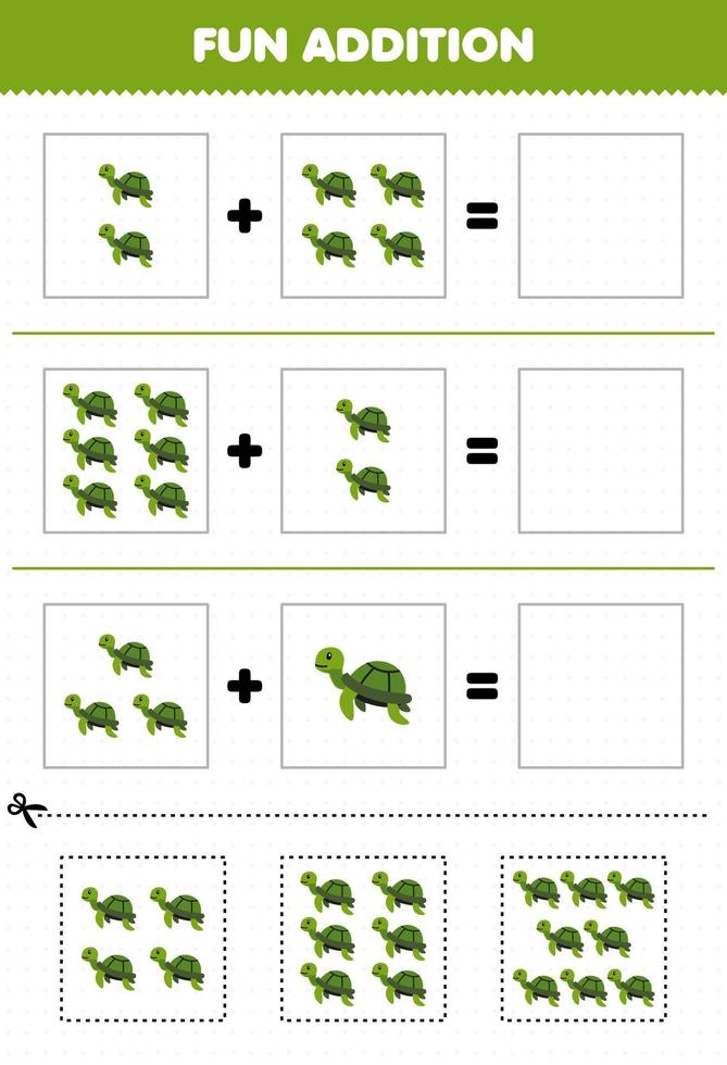 jeu éducatif pour les enfants ajout amusant par coupe et correspondance de jolies images de tortues de dessin animé pour la feuille de travail sous-marine imprimable vecteur