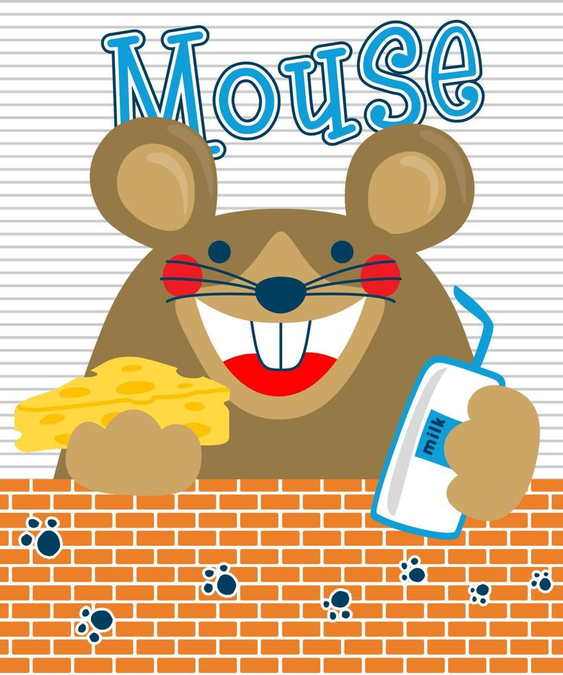 dessin animé mignon de souris tenant une boisson gazeuse avec du fromage vecteur