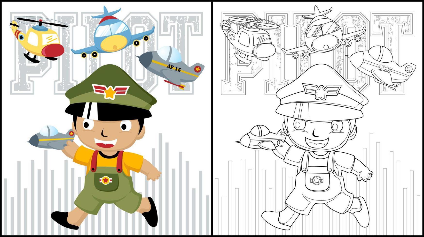 livre de coloriage de dessin animé de petit garçon dans la casquette de pilote avec des jouets d'avion vecteur