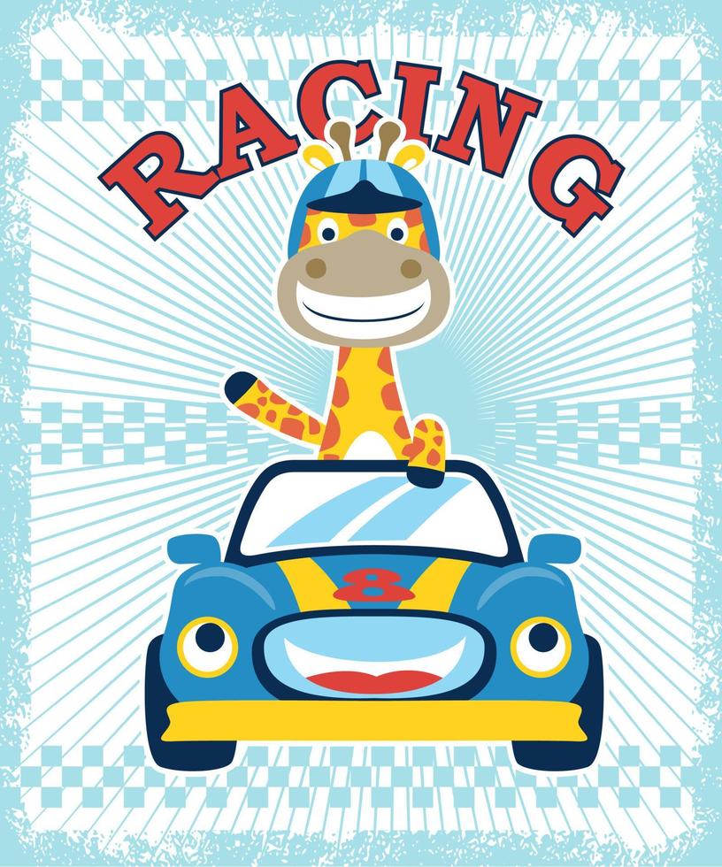 dessin animé mignon de girafe sur une voiture de course drôle. illustration de dessin animé de vecteur