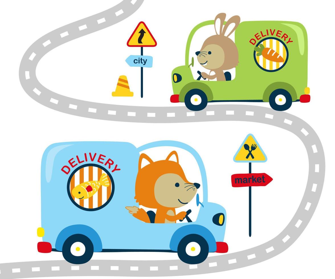 mignon lapin et renard conduisant une voiture de livraison dans la rue, dessin animé d'éléments de circulation vecteur