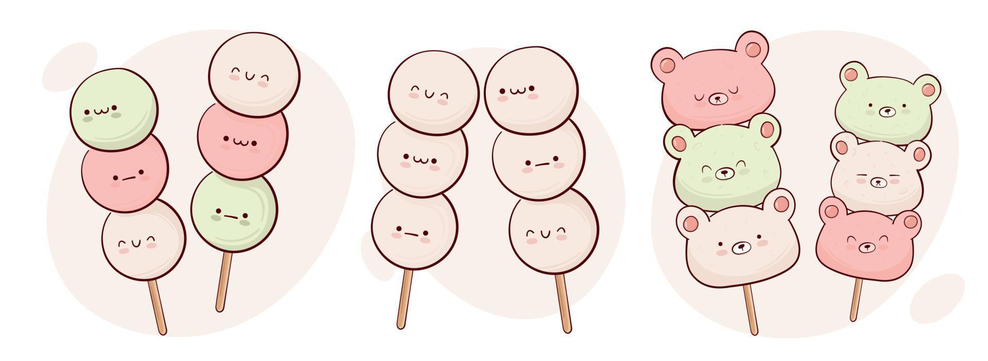 dessiner drôle kawaii japon tradition sweet dango illustration vectorielle. cuisine traditionnelle asiatique japonaise, cuisine, concept de menu. style de dessin animé de griffonnage. vecteur