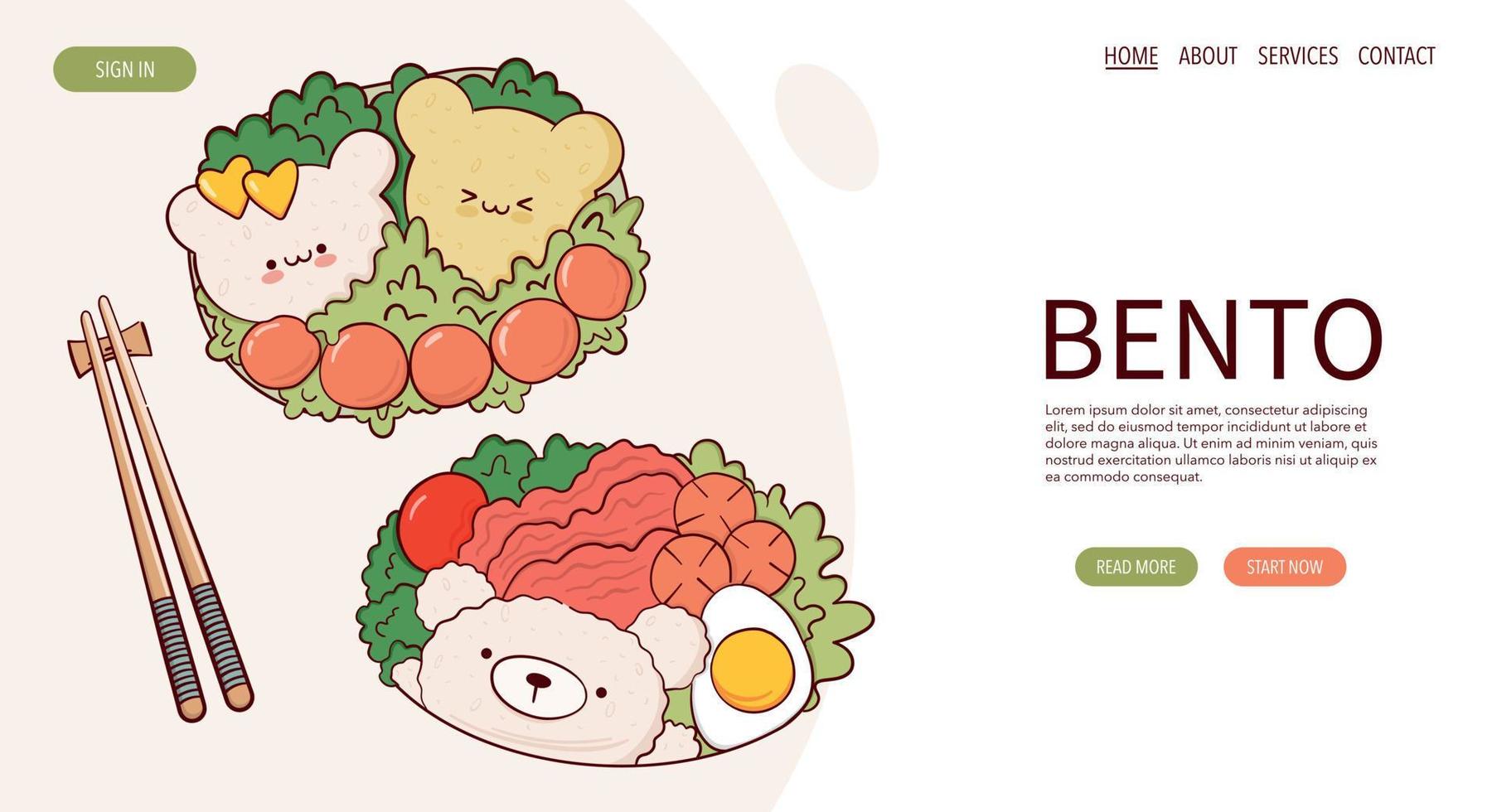 page web dessiner drôle kawaii bento box cuisine maison repas à emporter préparation illustration vectorielle. cuisine traditionnelle asiatique japonaise, cuisine, concept de menu. bannière, site Web, publicité dans le style de dessin animé de doodle. vecteur