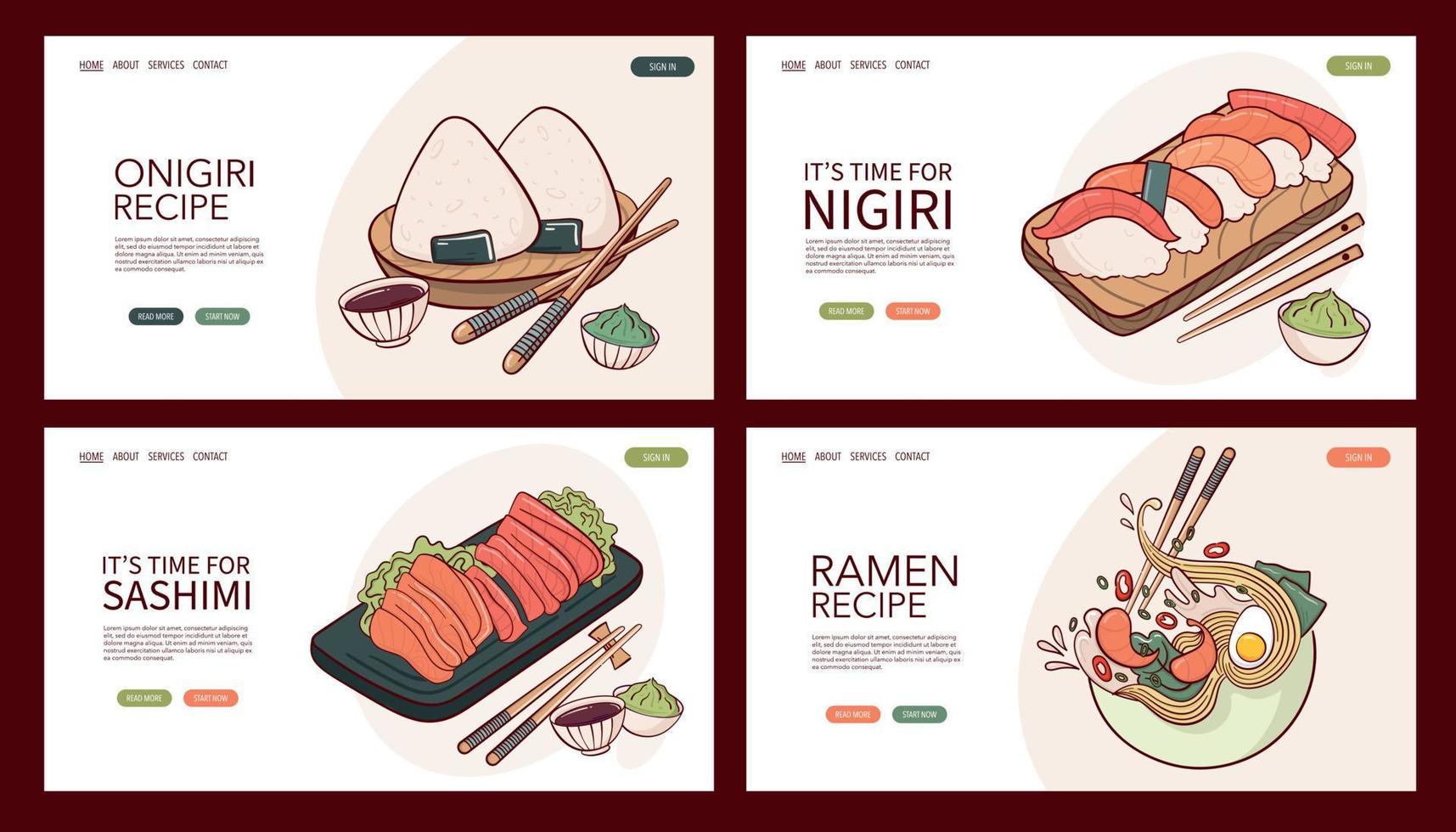 page web dessiner sashimi, nigiri, onigiri, illustration vectorielle de ramen. cuisine traditionnelle asiatique japonaise, cuisine, concept de menu. bannière, site Web, publicité dans le style de dessin animé de doodle. vecteur