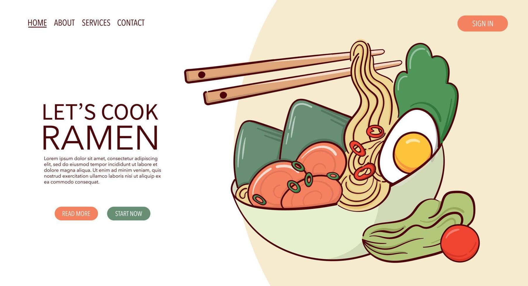 page web dessiner une soupe de ramen dans une illustration vectorielle de bol. cuisine traditionnelle asiatique japonaise, cuisine, concept de menu. bannière, site Web, publicité dans le style de dessin animé de doodle.. vecteur