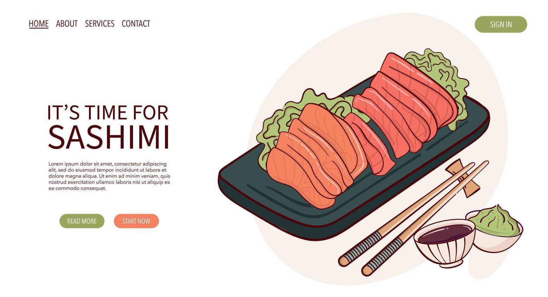 page web dessiner illustration vectorielle de poisson cru sashimi. cuisine traditionnelle asiatique japonaise, cuisine, concept de menu. bannière, site Web, publicité dans le style de dessin animé de doodle.. vecteur