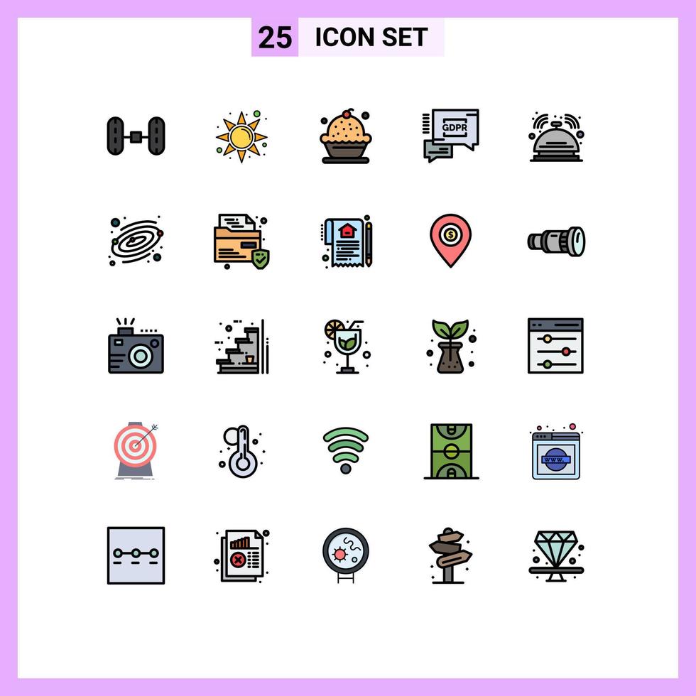 interface mobile ligne remplie couleur plate ensemble de 25 pictogrammes d'éléments de conception vectoriels modifiables sécurisés de cloche crémeuse de majordome de chambre vecteur