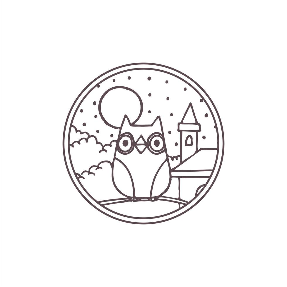 illustration de hibou et de lune ou conception d'insigne vintage monoline vecteur
