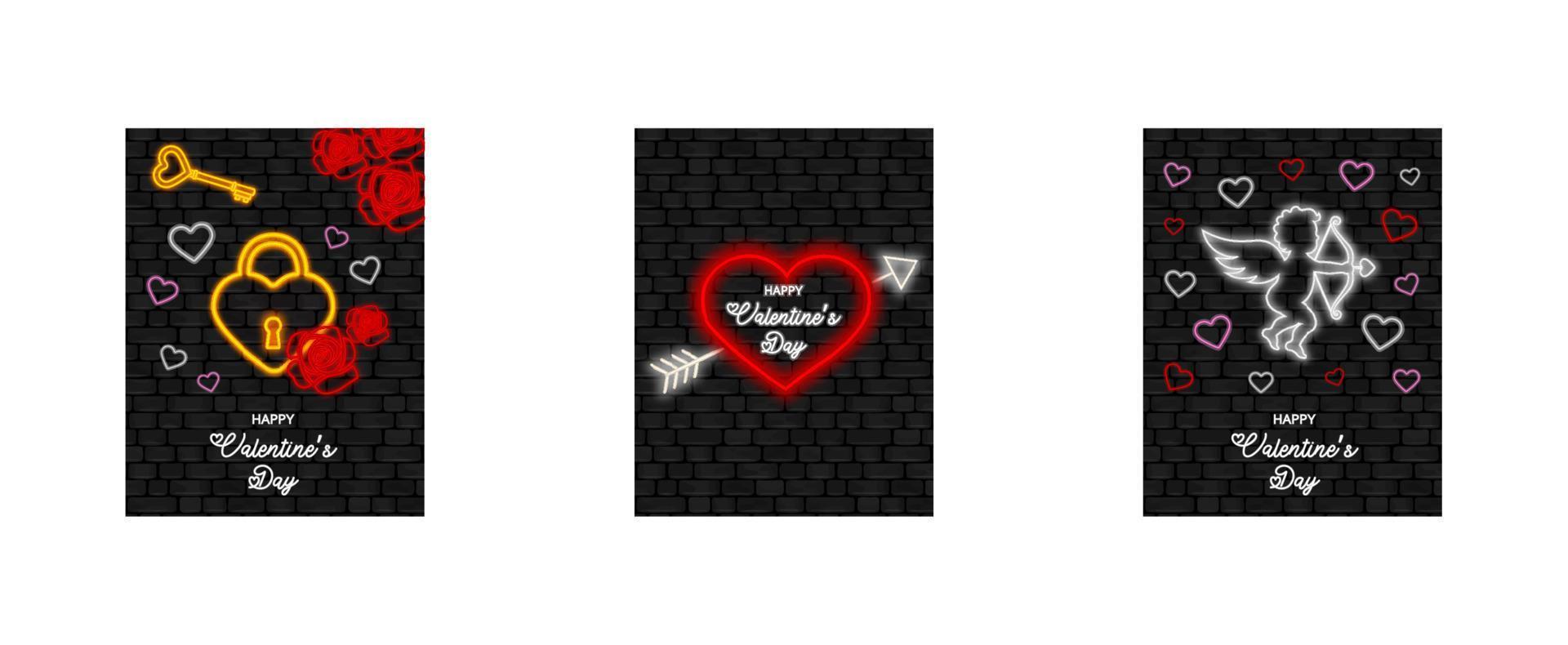 ensemble de cartes de la saint-valentin avec des éléments néon sur fond de mur sombre vecteur