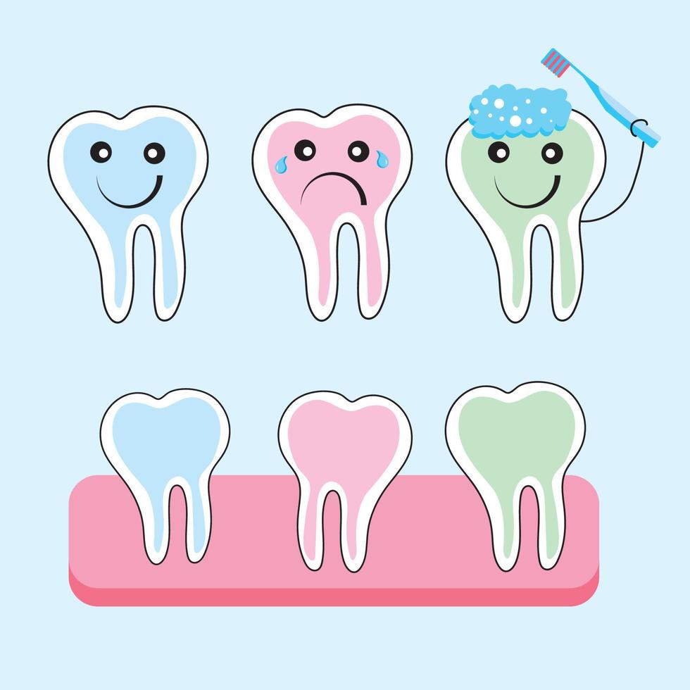 ensemble de vecteurs de dent de dessin animé mignon. icônes de santé et d'hygiène des dents de lait vecteur