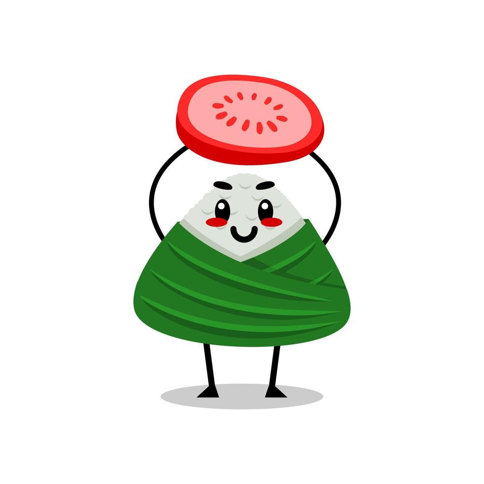 illustration de nasi lemak avec un visage mignon tout en soulevant une tomate. cuisine malaisienne et indonésienne. vecteur