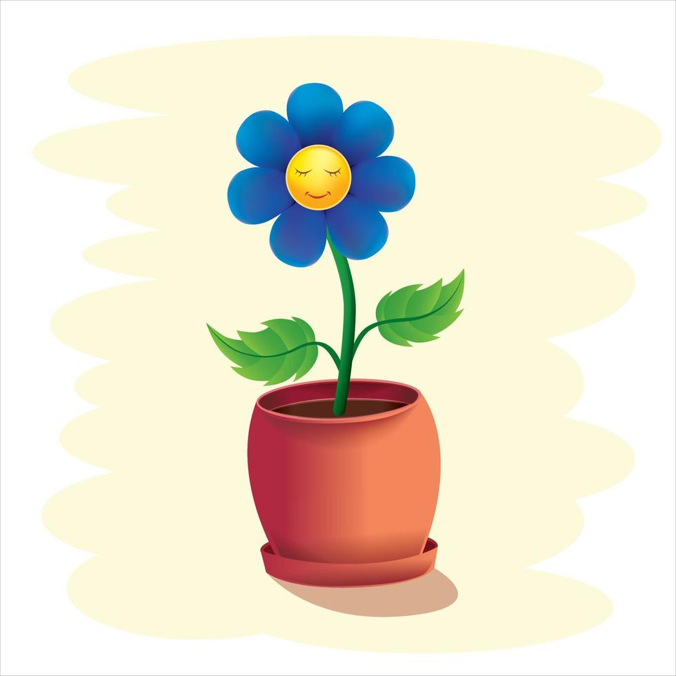 fleur bleue avec sourire dans le pot vecteur