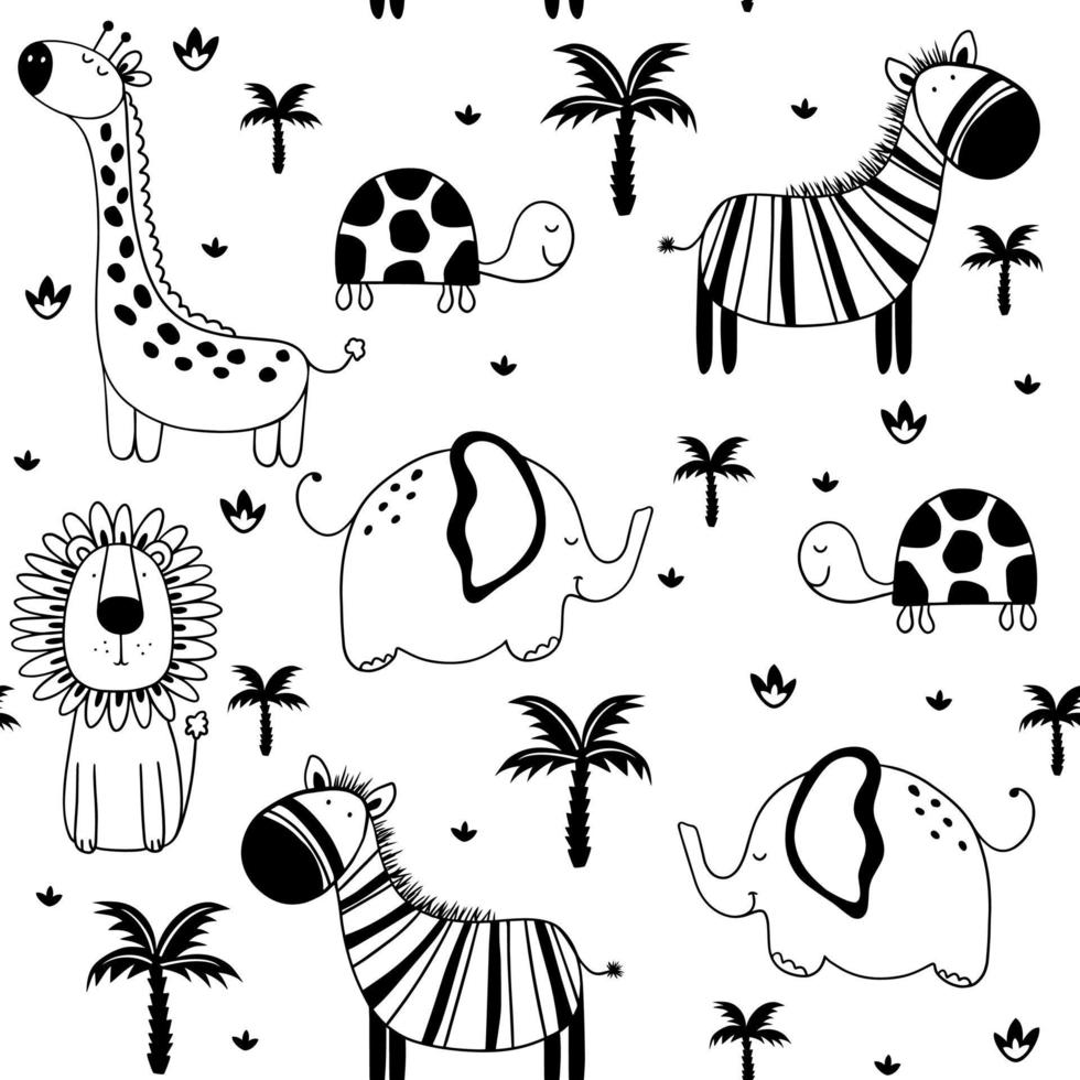 dessin linéaire vectoriel, un ensemble d'illustrations pour enfants mignons animaux africains, éléphant, lion, girafe, tortue et palmiers exotiques vecteur