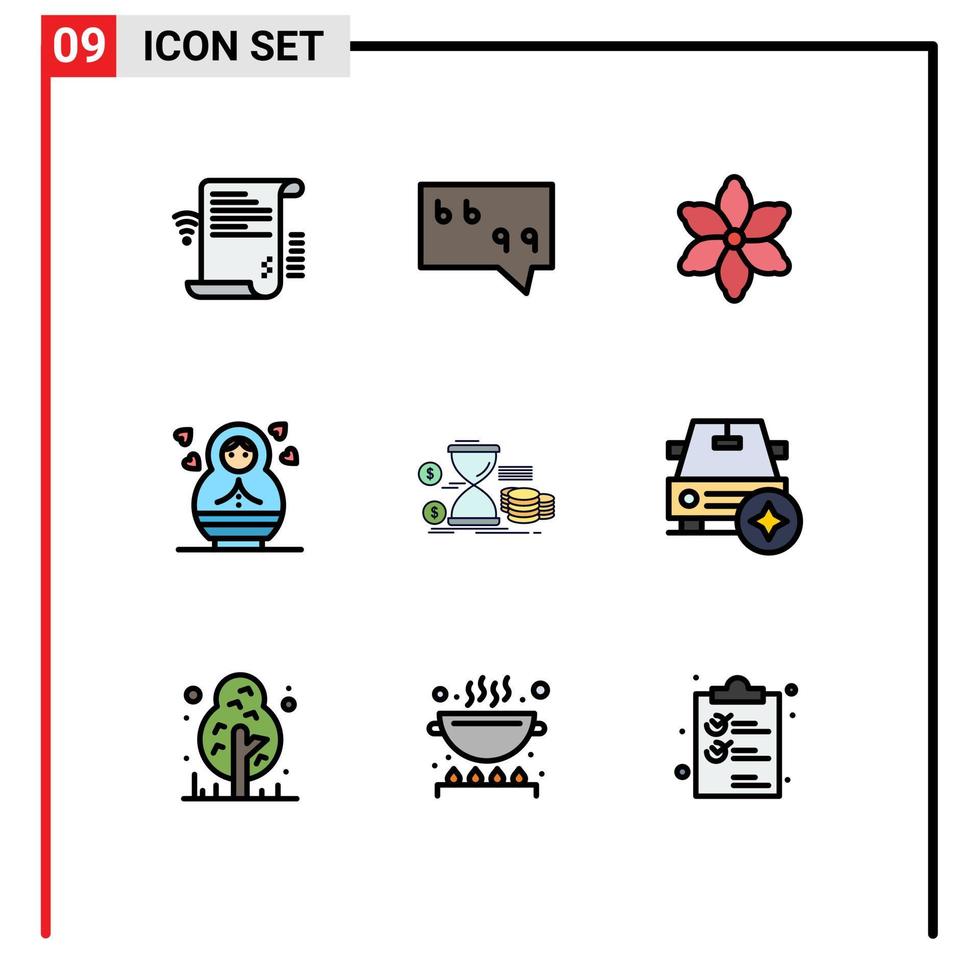 ensemble moderne de 9 pictogrammes de couleurs plates remplies de gestion du temps fleur sablier enfant éléments de conception vectoriels modifiables vecteur
