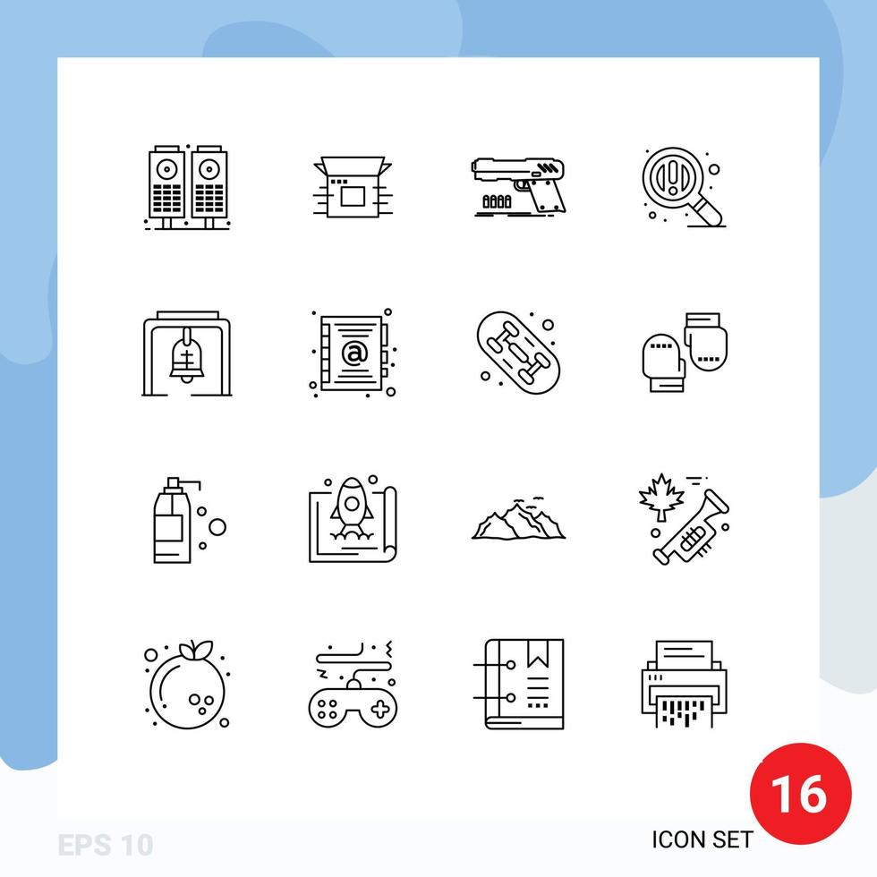 aperçu de l'interface mobile ensemble de 16 pictogrammes d'éléments de conception vectoriels modifiables d'arme de recherche de pistolet de zoom de cloche vecteur