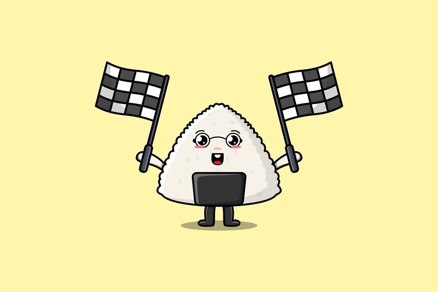 dessin animé de sushi japonais de riz mignon tenir le drapeau de course vecteur