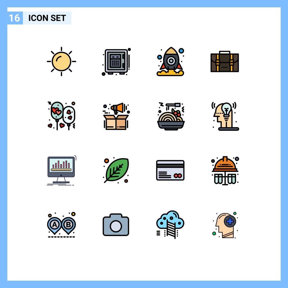 interface mobile ligne remplie de couleurs plates ensemble de 16 pictogrammes d'éléments de conception de vecteur créatif modifiables de voyage aérien de navette de ballon de fête