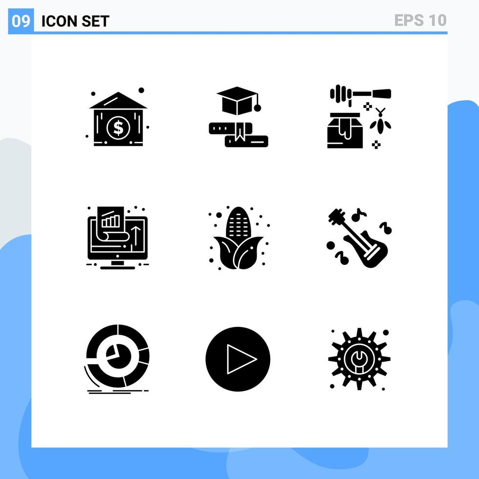9 symboles de glyphes solides universels symboles du succès du maïs croissance des performances du miel éléments de conception vectoriels modifiables vecteur