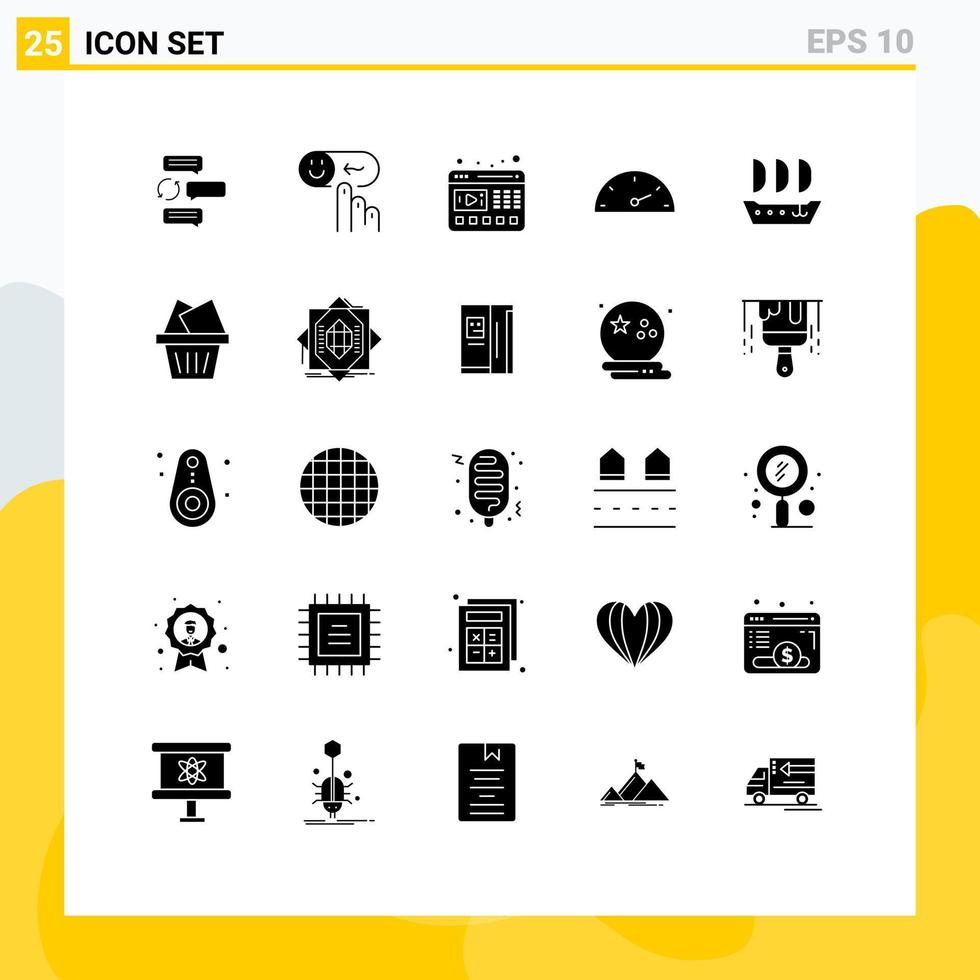 ensemble de 25 glyphes solides universels pour les applications web et mobiles jauge de compteur de vitesse aide les éléments de conception vectoriels modifiables vidéo du site web vecteur