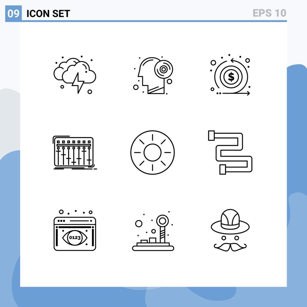 ensemble de 9 symboles d'icônes d'interface utilisateur modernes signes pour fruits musique console de mixage de trésorerie éléments de conception vectoriels modifiables vecteur