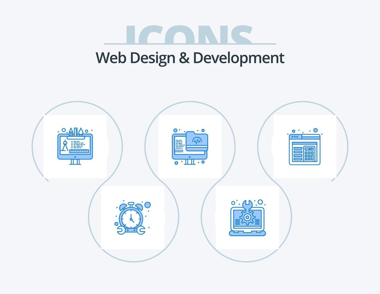 conception et développement web pack d'icônes bleues 5 conception d'icônes. navigateur. moniteur. ordinateur portable. dossier. outil d'édition vecteur