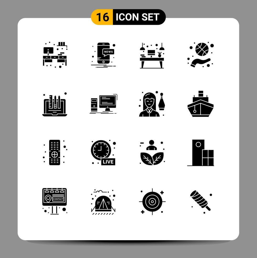 pack de 16 signes et symboles de glyphes solides modernes pour les supports d'impression Web tels que la conception spin intérieur hand basketball spinning éléments de conception vectoriels modifiables vecteur