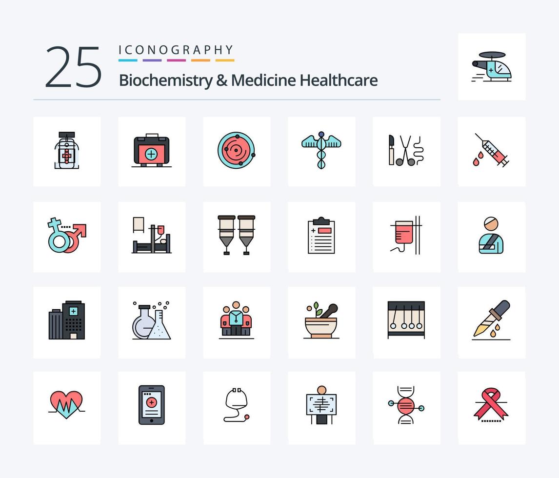 biochimie et médecine soins de santé pack d'icônes rempli de 25 lignes comprenant des instruments. santé. espace. cœur. médical vecteur