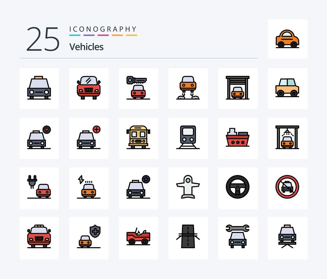 pack d'icônes remplies de 25 lignes de véhicules, y compris la voiture. transport. clé. garage. futur vecteur