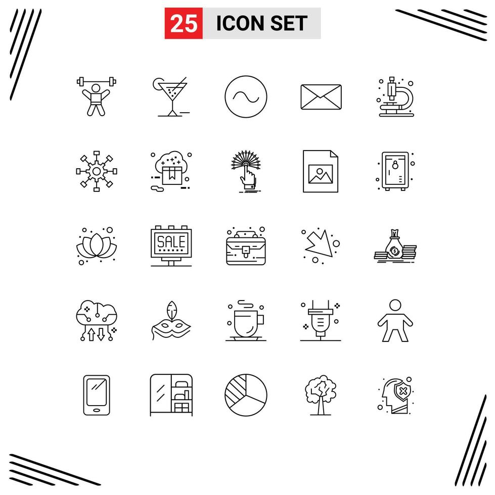 ligne d'interface mobile ensemble de 25 pictogrammes d'éléments de conception vectoriels modifiables de messagerie d'utilisateur d'hôtel d'interface de microscope vecteur