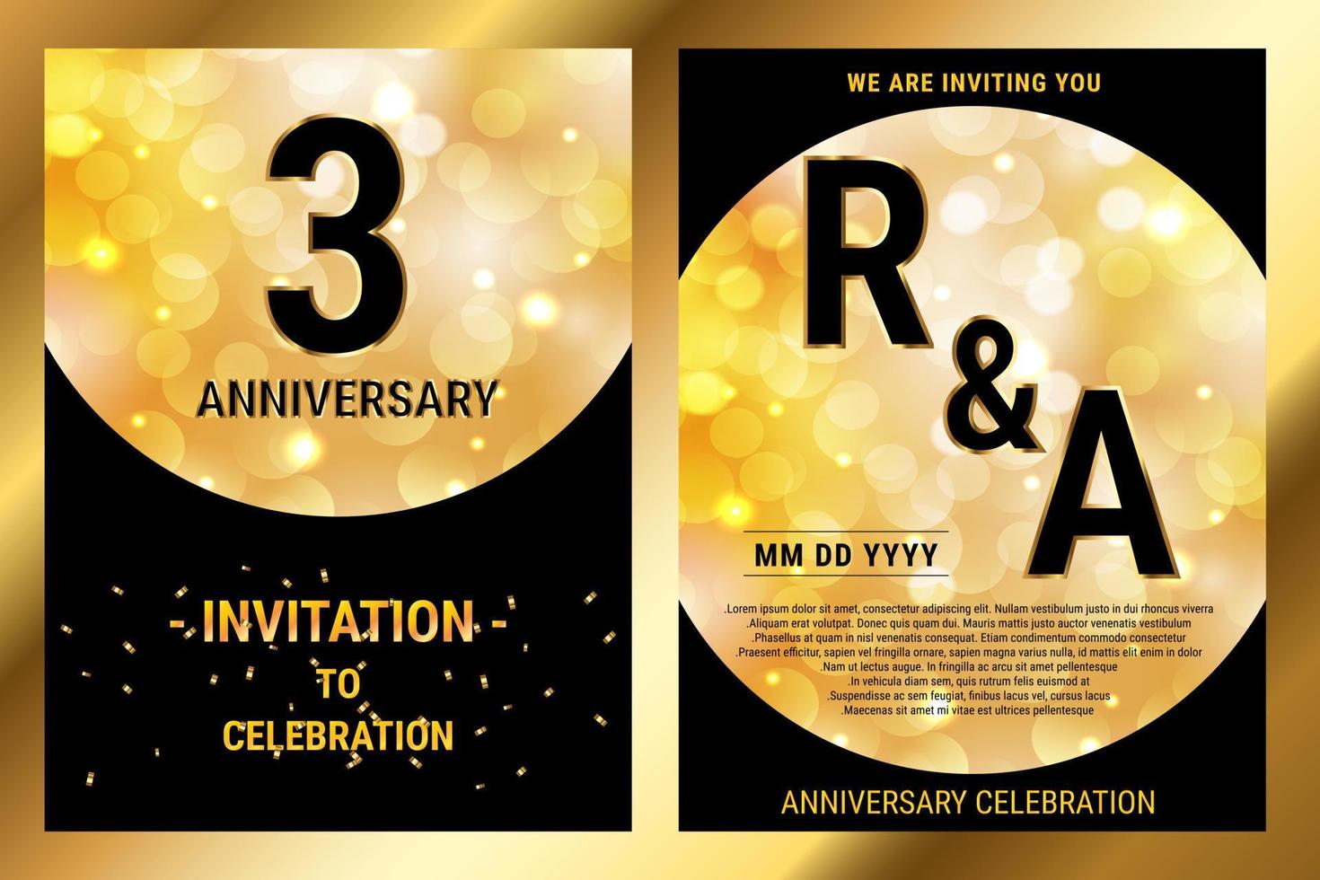 Carte double d'invitation de luxe de papier noir de vecteur d'anniversaire de 3 ans. brochure de célébration d'anniversaire de mariage. modèle d'invitation pour impression hitam et fond d'or