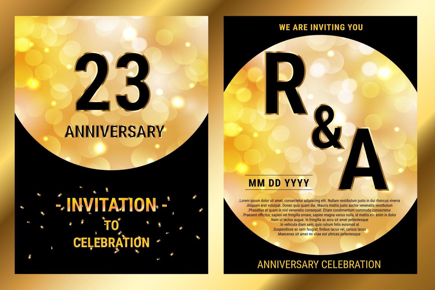 Carte double d'invitation de luxe de papier noir de vecteur d'anniversaire de 23 ans. brochure de célébration d'anniversaire de mariage. modèle d'invitation pour l'impression de fond noir et or