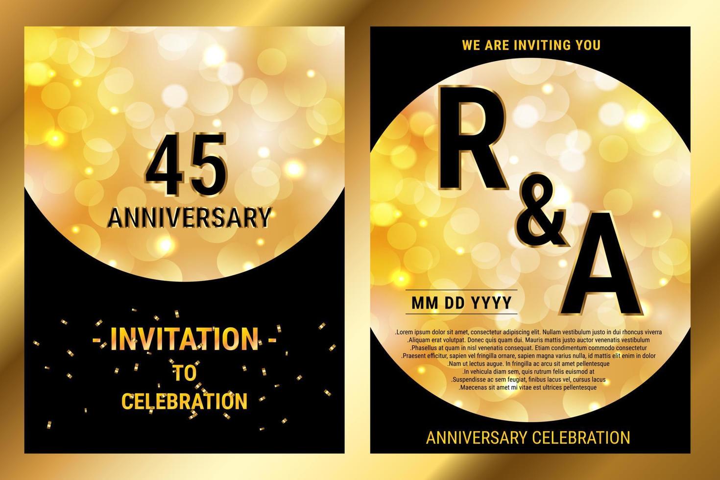 Carte double d'invitation de luxe de papier noir de vecteur d'anniversaire de 45 ans. brochure de célébration d'anniversaire de mariage. modèle d'invitation pour l'impression de fond noir et or