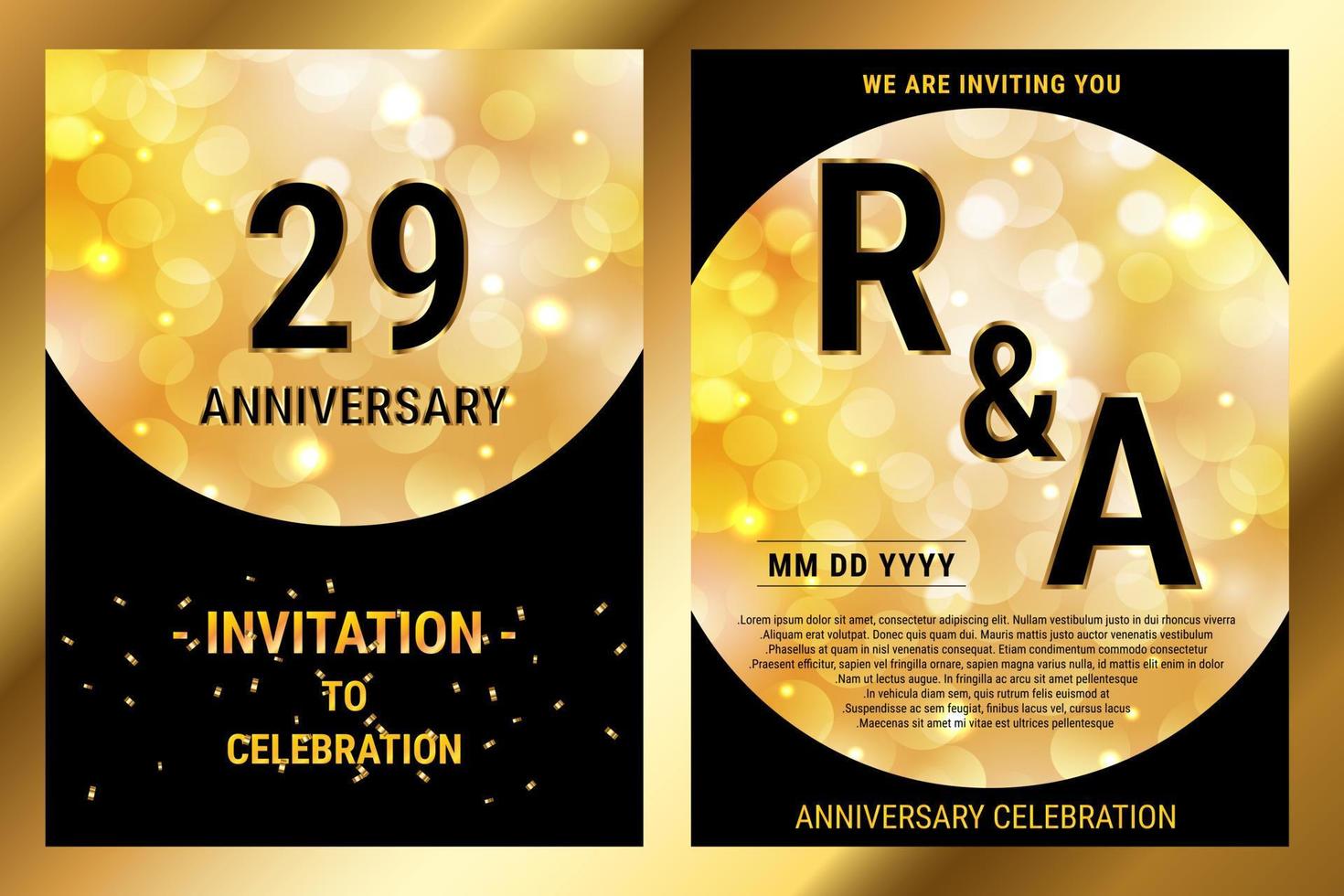 Carte double d'invitation de luxe de papier noir de vecteur d'anniversaire de 29 ans. brochure de célébration d'anniversaire de mariage. modèle d'invitation pour l'impression de fond noir et or